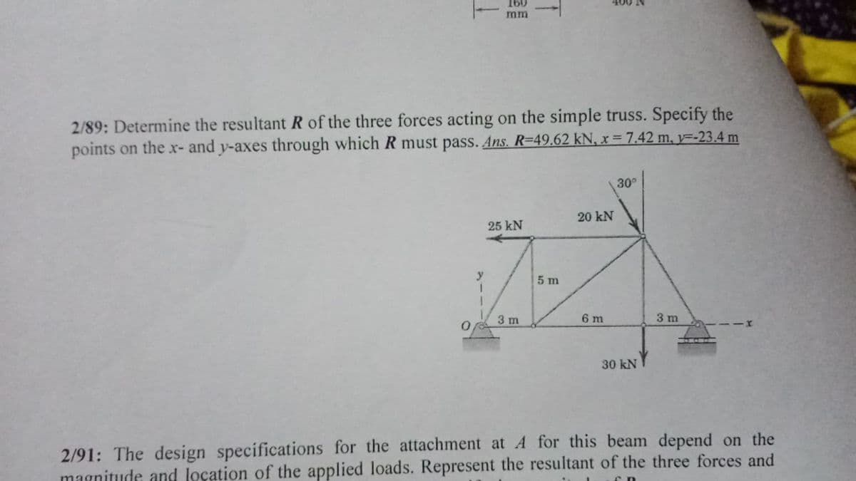 160
mm
2/89: Determine the resultant R of the three forces acting on the simple truss. Specify the
points on the x- and y-axes through which R must pass. Ans. R=49.62 kN, x = 7.42 m, y=-23.4 m
30
20 kN
25 kN
5 m
3 m
6 m
3 m
30 kNY
2/91: The design specifications for the attachment at A for this beam depend on the
magnitude and location of the applied loads. Represent the resultant of the three forces and
