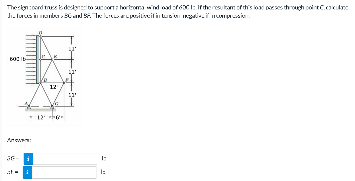 The signboard truss is designed to support a horizontal wind load of 600 lb. If the resultant of this load passes through point C, calculate
the forces in members BG and BF. The forces are positive if in tension, negative if in compression.
600 lb-
Answers:
BG=
i
BF= i
C
B
E
12'
126
11'
11'
F
11'
lb
lb