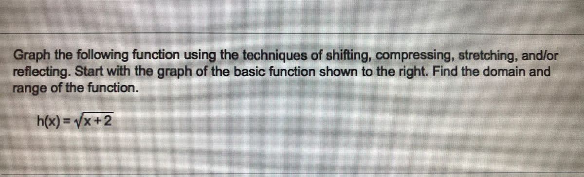 Graph the following function using the techniques of shifting, compressing, stretching, and/or
reflecting. Start with the graph of the basic function shown to the right. Find the domain and
range of the function.
h(x)=D x +2
