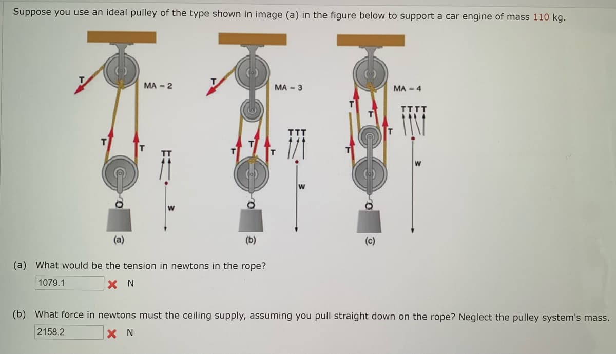 Suppose you use an ideal pulley of the type shown in image (a) in the figure below to support a car engine of mass 110 kg.
MA = 2
MA = 3
MA - 4
TTTT
TT
(a)
(b)
(c)
(a) What would be the tension in newtons in the rope?
1079.1
X N
(b) What force in newtons must the ceiling supply, assuming you pull straight down on the rope? Neglect the pulley system's mass.
2158.2
X N
