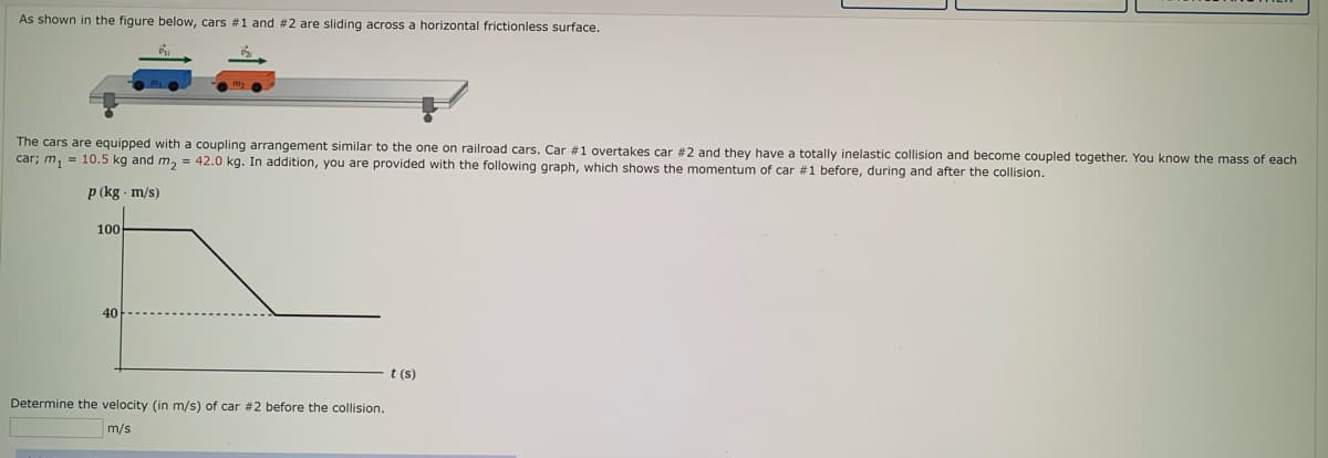 As shown in the figure below, cars #1 and #2 are sliding across a horizontal frictionless surface.
The cars are equipped with a coupling arrangement similar to the one on railroad cars. Car #1 overtakes car #2 and they have a totally inelastic collision and become coupled together. You know the mass of each
car; m, = 10.5 kg and m, = 42.0 kg. In addition, you are provided with the following graph, which shows the momentum of car #1 before, during and after the collision.
p (kg m/s)
100
40
t (s)
Determine the velocity (in m/s) of car #2 before the collision.
m/s

