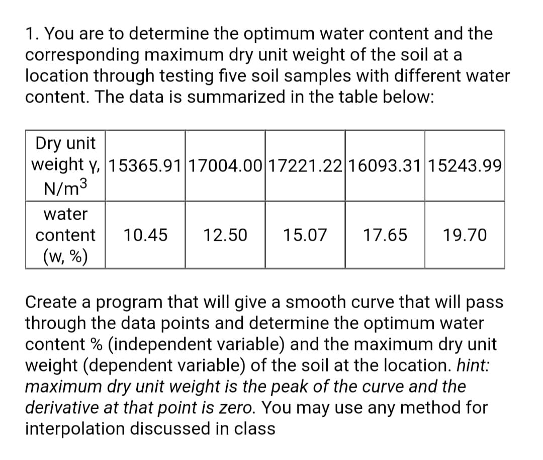 1. You are to determine the optimum water content and the
corresponding maximum dry unit weight of the soil at a
location through testing five soil samples with different water
content. The data is summarized in the table below:
Dry unit
weight y, 15365.91 17004.00 17221.22 16093.31 15243.99
N/m3
water
content
10.45
12.50
15.07
17.65
19.70
(w, %)
Create a program that will give a smooth curve that will pass
through the data points and determine the optimum water
content % (independent variable) and the maximum dry unit
weight (dependent variable) of the soil at the location. hint:
maximum dry unit weight is the peak of the curve and the
derivative at that point is zero. You may use any method for
interpolation discussed in class
