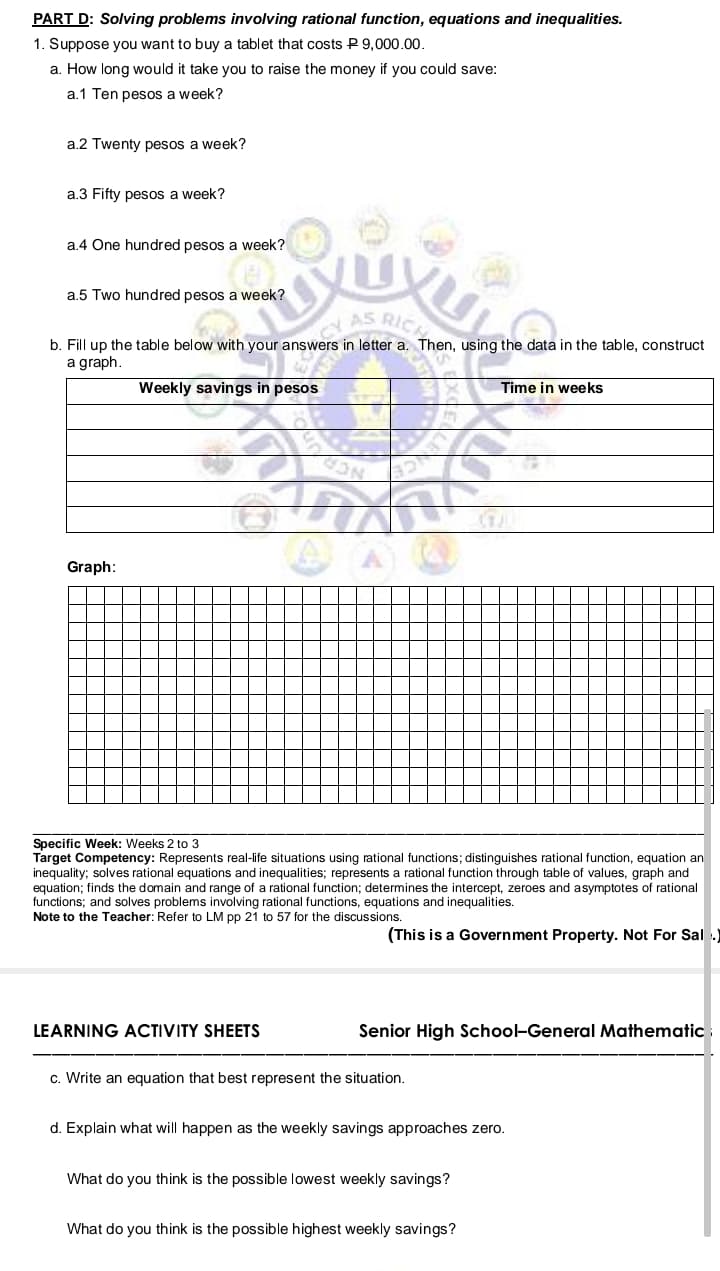 PART D: Solving problems involving rational function, equations and inequalities.
1. Suppose you want to buy a tablet that costs P 9,000.00.
a. How long would it take you to raise the money if you could save:
a.1 Ten pesos a week?
a.2 Twenty pesos a week?
a.3 Fifty pesos a week?
a.4 One hundred pesos a week?
a.5 Two hundred pesos a week?
AAS RIC
b. Fill up the table below with your answers in letter a. Then, using the data in the table, construct
a graph.
Weekly savings in pesos
Time in weeks
Graph:
Specific Week: Weeks 2 to 3
Target Competency: Represents real-life situations using rational functions; distinguishes rational function, equation an
inequality; solves rational equations and inequalities; represents a rational function through table of values, graph and
equation; finds the domain and range of a rational function; determines the intercept, zeroes and asymptotes of rational
functions; and solves problems involving rational functions, equations and inequalities.
Note to the Teacher: Refer to LM pp 21 to 57 for the discussions.
(This is a Government Property. Not For Sal .)
LEARNING ACTIVITY SHEETS
Senior High School-General Mathematic
c. Write an equation that best represent the situation.
d. Explain what will happen as the weekly savings approaches zero.
What do you think is the possible lowest weekly savings?
What do you think is the possible highest weekly savings?
dremy
