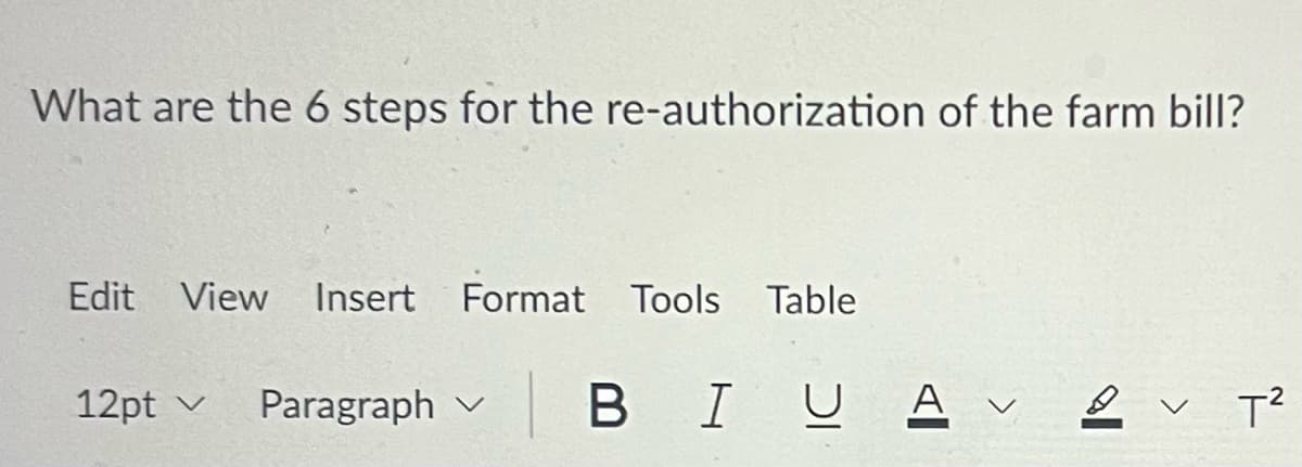 What are the 6 steps for the re-authorization of the farm bill?
Edit View Insert Format Tools Table
12pt ✓ Paragraph
BIUA V 2-
T²