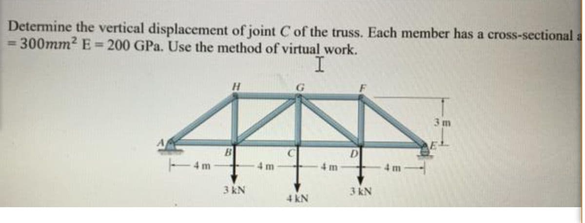 Determine the vertical displacement of joint C of the truss. Each member has a cross-sectional a
= 300mm2 E= 200 GPa. Use the method of virtual work.
3 m
D
B
4 m
4 m
4 m
3 kN
3 kN
4 kN
