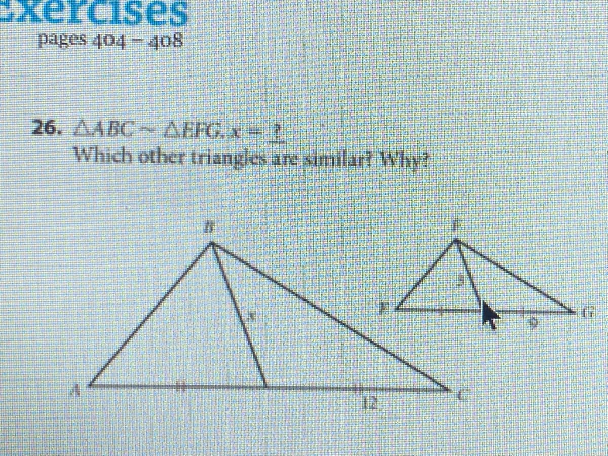 xercises
got - bot soaed
26. AABC AFFG. x=
Which other triangles are similart Why?
12
