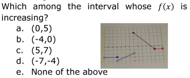 Which among the interval whose f(x) is
increasing?
а. (0,5)
b. (-4,0)
с. (5,7)
d. (-7,-4)
e. None of the above
