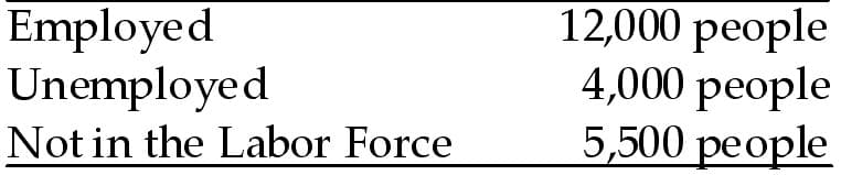 Employed
Unemployed
Not in the Labor Force
12,000 people
4,000 people
5,500 people
