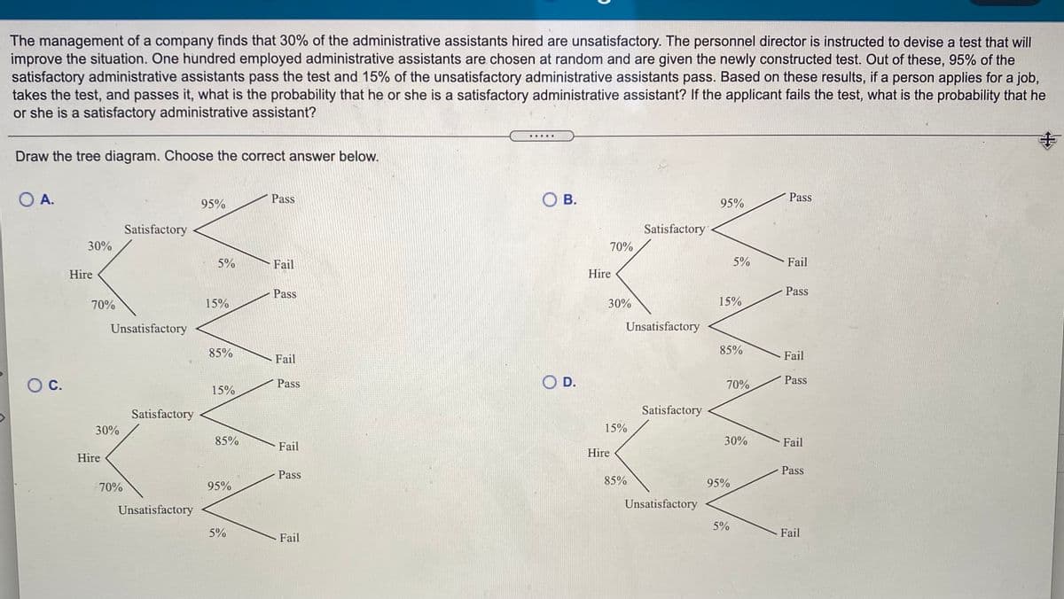 The management of a company finds that 30% of the administrative assistants hired are unsatisfactory. The personnel director is instructed to devise a test that will
improve the situation. One hundred employed administrative assistants are chosen at random and are given the newly constructed test. Out of these, 95% of the
satisfactory administrative assistants pass the test and 15% of the unsatisfactory administrative assistants pass. Based on these results, if a person applies for a job,
takes the test, and passes it, what is the probability that he or she is a satisfactory administrative assistant? If the applicant fails the test, what is the probability that he
or she is a satisfactory administrative assistant?
Draw the tree diagram. Choose the correct answer below.
OA.
95%
Pass
Ов.
95%
Pass
Satisfactory
Satisfactory
30%
70%
5%
Fail
5%
Fail
Hire
Hire
Pass
Pass
70%
15%
30%
15%
Unsatisfactory
Unsatisfactory
85%
85%
Fail
Fail
OC.
Pass
O D.
70%
Pass
15%
Satisfactory
Satisfactory
30%
15%
85%
30%
Fail
Fail
Hire
Hire
Pass
Pass
70%
95%
85%
95%
Unsatisfactory
Unsatisfactory
5%
5%
Fail
Fail
