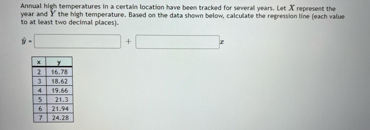 Annual high temperatures in a certain location have been tracked for several years. Let X represent the
year and Y the high temperature. Based on the data shown below, calculate the regression line (each value
to at least two decimal places).
ý =
+
T
y
16.78
18.62
19.66
21.3
21.94
24.28
X
2
3
4
5
6
7