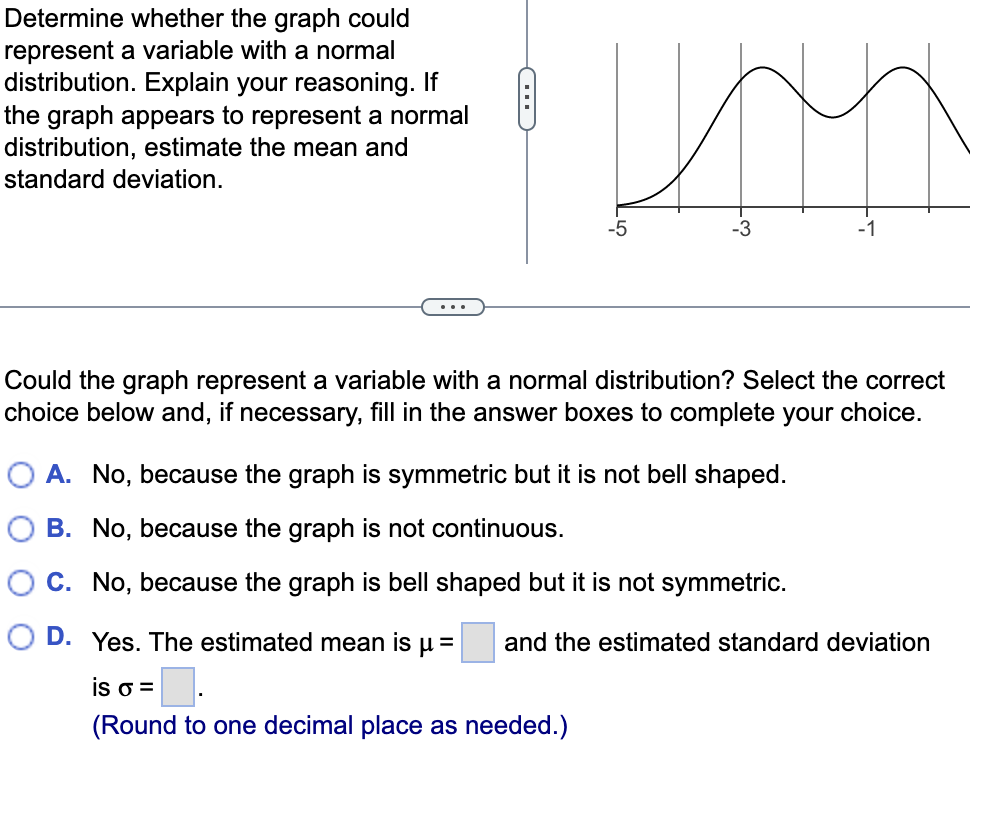 Determine whether the graph could
represent a variable with a normal
distribution. Explain your reasoning. If
the graph appears to represent a normal
distribution, estimate the mean and
standard deviation.
s
-3
-5
is o =
Could the graph represent a variable with a normal distribution? Select the correct
choice below and, if necessary, fill in the answer boxes to complete your choice.
O A. No, because the graph is symmetric but it is not bell shaped.
B. No, because the graph is not continuous.
C. No, because the graph is bell shaped but it is not symmetric.
D. Yes. The estimated mean is =
μ
0.
(Round to one decimal place as needed.)
-1
and the estimated standard deviation