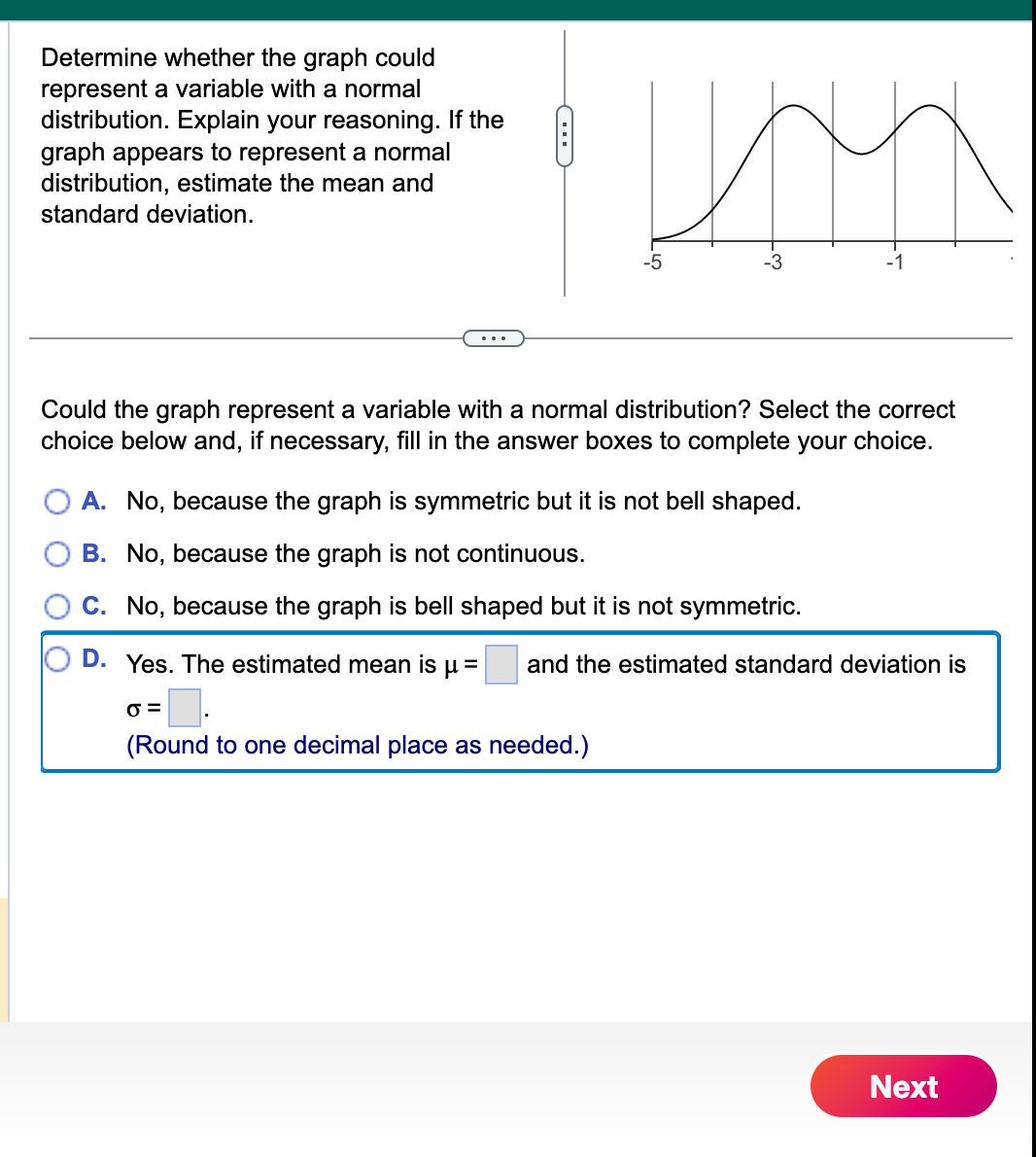 Determine whether the graph could
represent a variable with a normal
distribution. Explain your reasoning. If the
graph appears to represent a normal
distribution, estimate the mean and
standard deviation.
C
ич
-5
Could the graph represent a variable with a normal distribution? Select the correct
choice below and, if necessary, fill in the answer boxes to complete your choice.
0=
A. No, because the graph is symmetric but it is not bell shaped.
B. No, because the graph is not continuous.
C. No, because the graph is bell shaped but it is not symmetric.
D. Yes. The estimated mean is µ =
1.
(Round to one decimal place as needed.)
and the estimated standard deviation is
Next