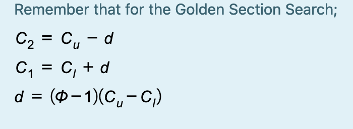 Remember that for the Golden Section Search;
C2 = C, - d
C, = C, + d
d = (-1)(C,-C,)
|
