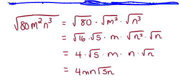 3
180 m ²²0³
√80. √m². √7³
=√16.√5. m. √n². √n
= 4.√5.m. n.√
= 4mn5n
=