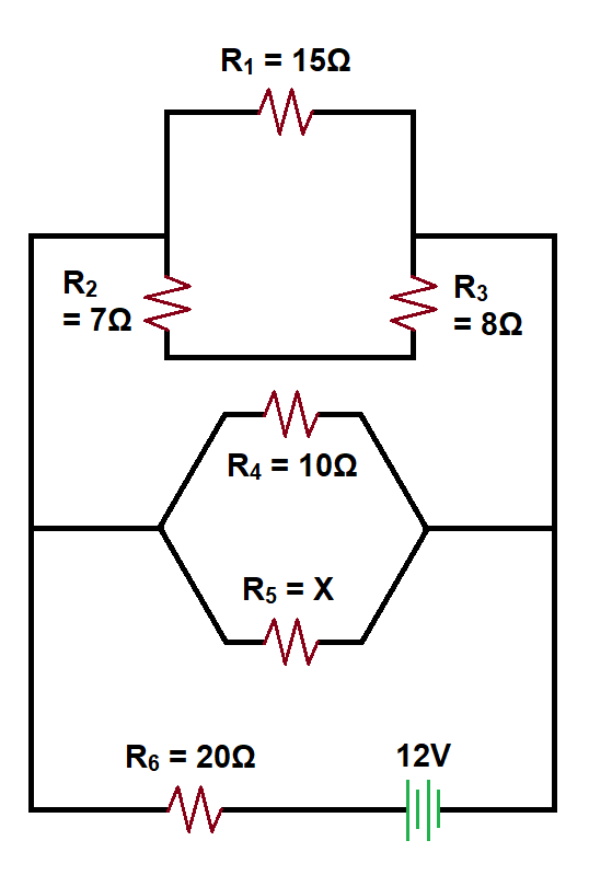 R₂
= 7Ω
R₁ = 150
M
M
R4 = 100
R5 = X
R6 = 2002
W
R3
= 8Ω
12V