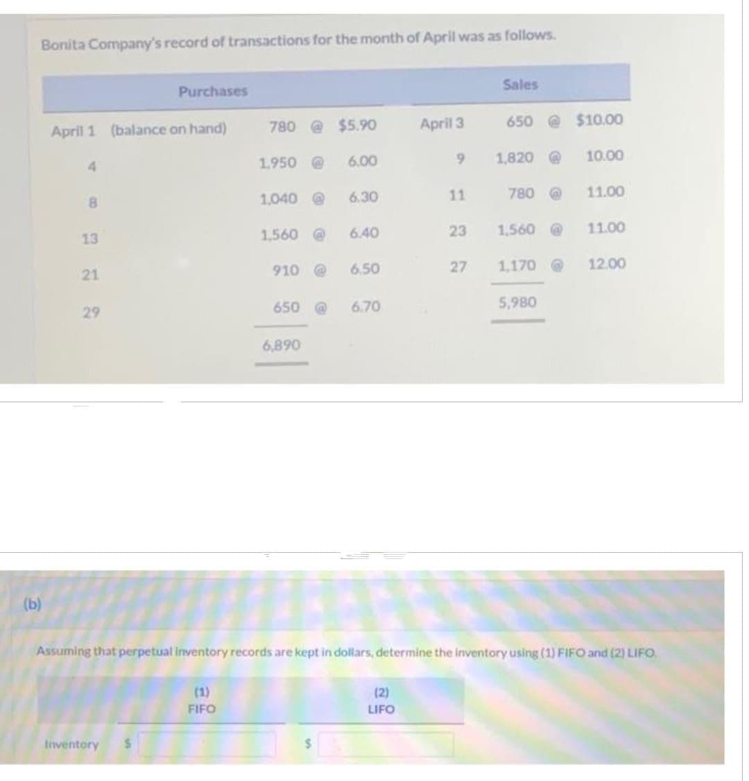 Bonita Company's record of transactions for the month of April was as follows.
(b)
April 1 (balance on hand)
8
13
21
29
Purchases
Inventory
780 @ $5.90
(1)
FIFO
1,950@
1,040
1,560
910
G
6,890
@
6.00
6.30
6.40
6.50
650@ 6.70
April 3
(2)
LIFO
9
11
23
27
Sales
650
1,820 @
780
1,560 @
1,170 @
5,980
$10.00
10.00
11.00
Assuming that perpetual inventory records are kept in dollars, determine the inventory using (1) FIFO and (2) LIFO.
11.00
12.00