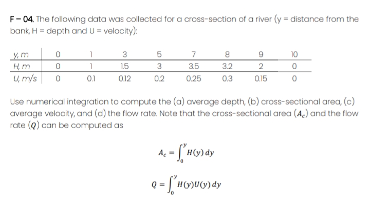 F- 04. The following data was collected for a cross-section of a river (y = distance from the
bank, H = depth and U = velocity):
y, m
H, m
U, m/s
3
7
8.
10
1.5
3
3.5
3.2
2
0.1
0.12
0.2
0.25
0.3
0.15
Use numerical integration to compute the (a) average depth, (b) cross-sectional area, (c)
average velocity, and (d) the flow rate. Note that the cross-sectional area (A.) and the flow
rate (Q) can be computed as
Q =
H(y)U(y) dy
