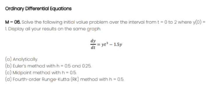 Ordinary Differential Equations
M- 06. Solve the following initial value problem over the interval from t = 0 to 2 where y(0) =
1. Display all your results on the same graph.
= yt³ – 1.5y
dt
(a) Analytically.
(b) Euler's method with h = 0.5 and 025.
(c) Midpoint method with h = 0.5.
(d) Fourth-order Runge-Kutta (RK) method with h = 0.5.
