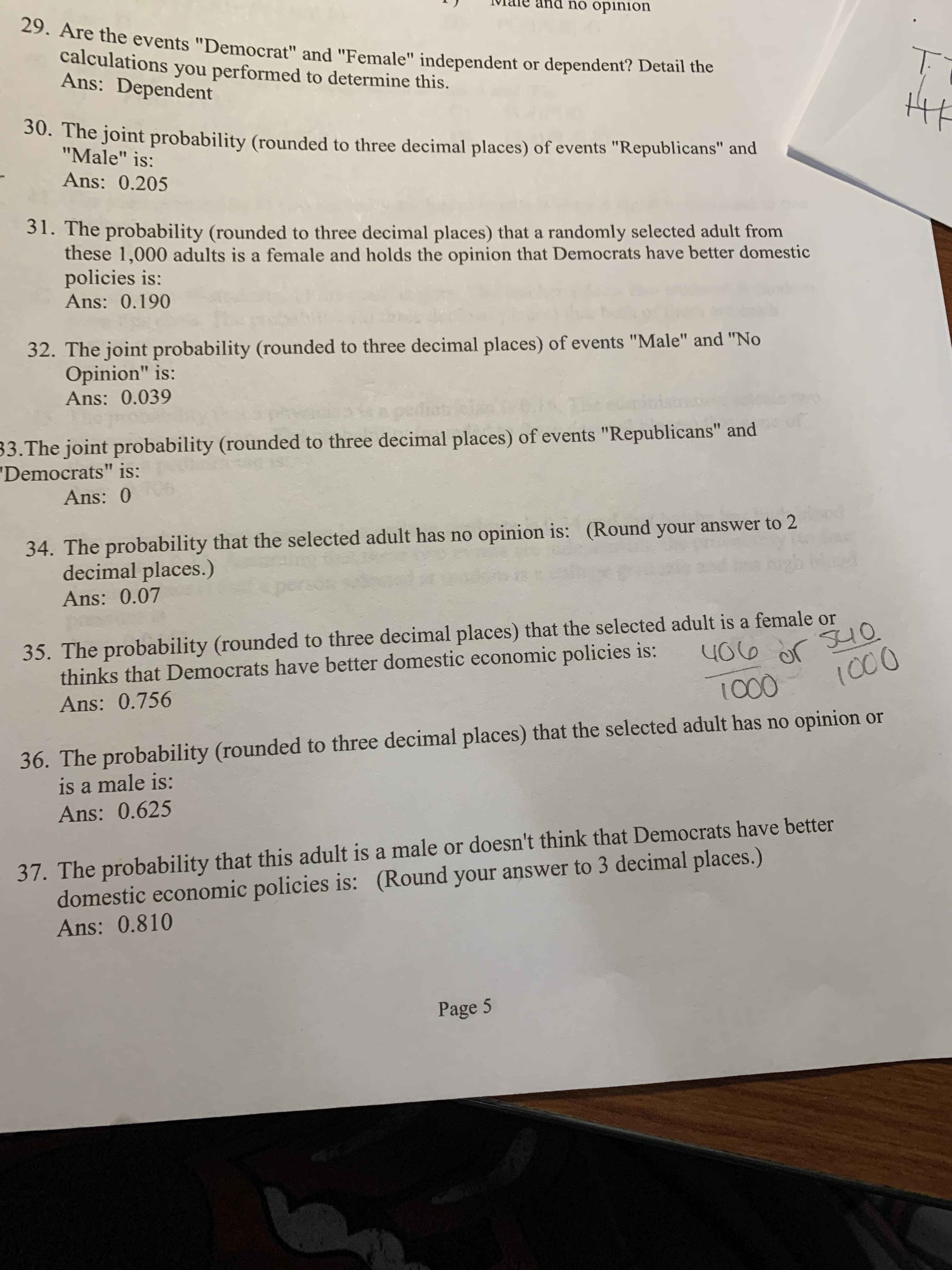 Ans: 0.07
35. The probability (rounded to three decimal places) that the selected adult is a female or
thinks that Democrats have better domestic economic policies is:
Ans: 0.756
Y06 or so
1000
1000
thot the selected adult has no opinion or
