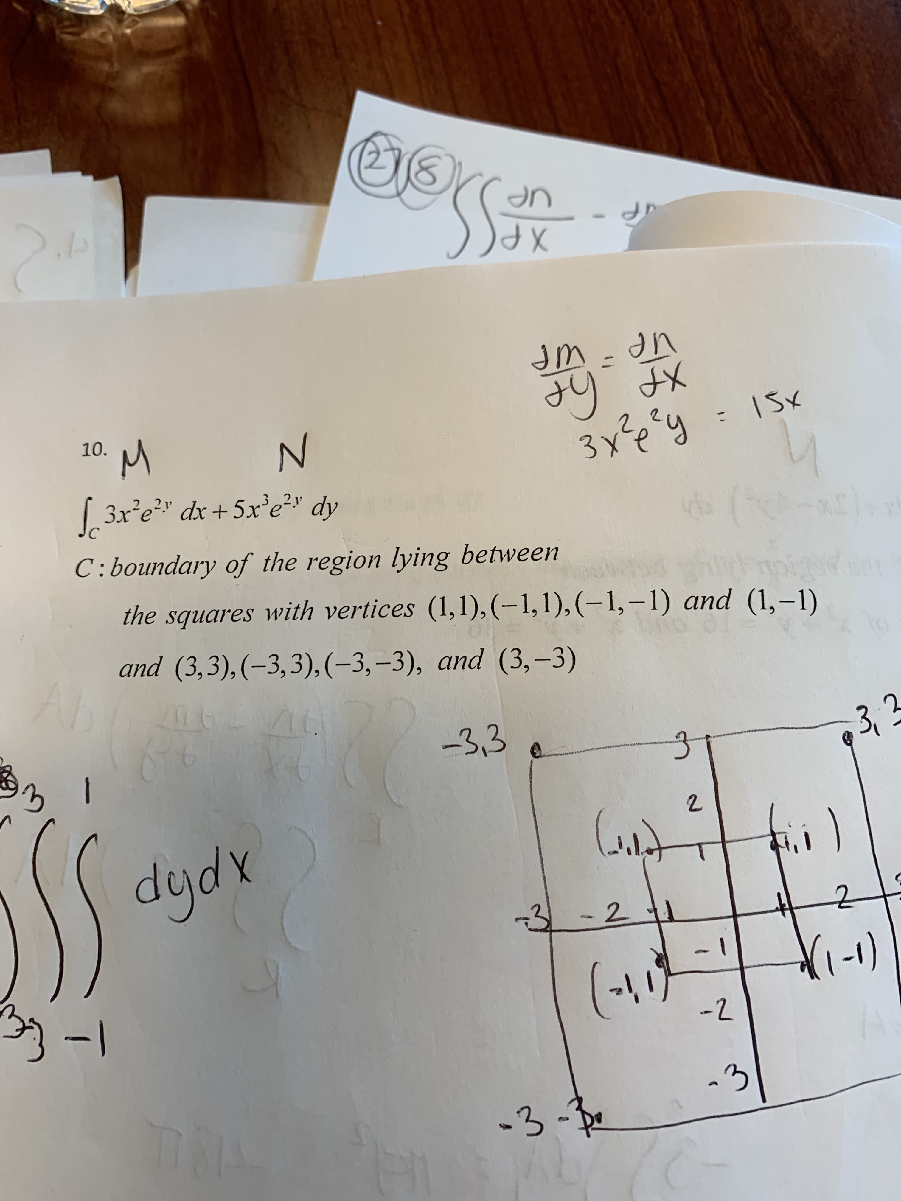 2
|3x'e?" dx +5xr'e?" dy
C:boundary of the region lying between
the squares with vertices (1,1), (-1,1),(-1,-1) and (1,-1)
and (3,3), (-3,3), (-3, -3), аnd (3,-3)
