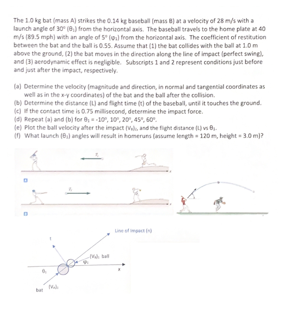 The 1.0 kg bat (mass A) strikes the 0.14 kg baseball (mass B) at a velocity of 28 m/s with a
launch angle of 30° (81) from the horizontal axis. The baseball travels to the home plate at 40
m/s (89.5 mph) with an angle of 5° (P1) from the horizontal axis. The coefficient of restitution
between the bat and the ball is 0.55. Assume that (1) the bat collides with the ball at 1.0 m
above the ground, (2) the bat moves in the direction along the line of impact (perfect swing),
and (3) aerodynamic effect is negligible. Subscripts 1 and 2 represent conditions just before
and just after the impact, respectively.
(a) Determine the velocity (magnitude and direction, in normal and tangential coordinates as
well as in the x-y coordinates) of the bat and the ball after the collision.
(b) Determine the distance (L) and flight time (t) of the baseball, until it touches the ground.
(c) If the contact time is 0.75 millisecond, determine the impact force.
(d) Repeat (a) and (b) for 01 = -10°, 10°, 20°, 45°, 60º.
(e) Plot the ball velocity after the impact (Ve)2, and the flight distance (L) vs 01.
(f) What launch (81) angles will result in homeruns (assume length = 120 m, height = 3.0 m)?
Line of Impact (n)
(Vo)z ball
(Va)a
bat
