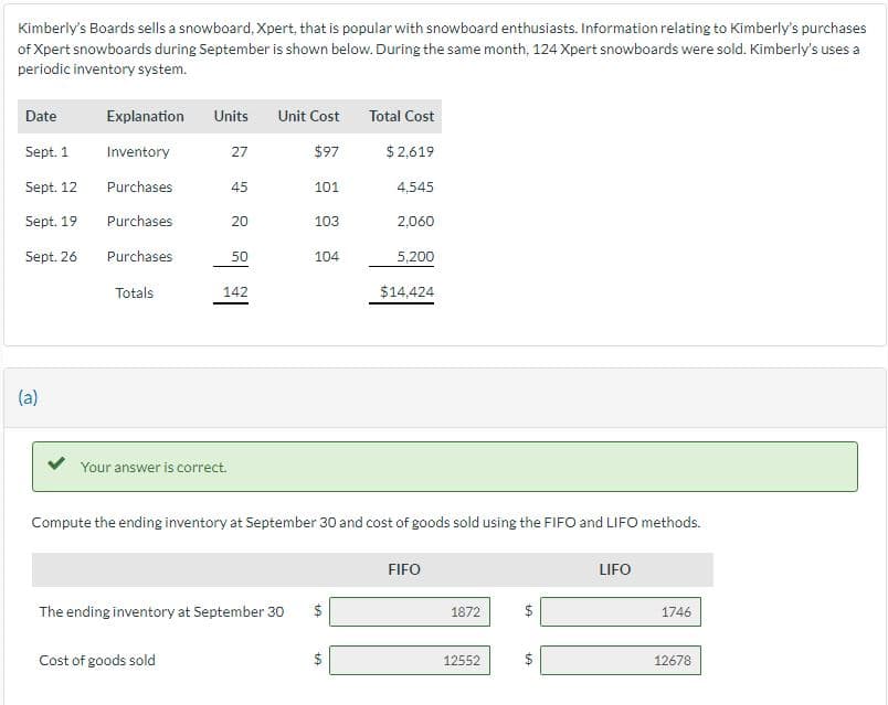 Kimberly's Boards sells a snowboard, Xpert, that is popular with snowboard enthusiasts. Information relating to Kimberly's purchases
of Xpert snowboards during September is shown below. During the same month, 124 Xpert snowboards were sold. Kimberly's uses a
periodic inventory system.
Date
Sept. 1
Sept. 12
Sept. 19
Sept. 26
(a)
Explanation Units Unit Cost
Inventory
$97
Purchases
Purchases
Purchases
Totals
Your answer is correct.
27
45
Cost of goods sold
20
50
142
The ending inventory at September 30
101
103
104
Total Cost
$ 2,619
tA
4,545
2,060
Compute the ending inventory at September 30 and cost of goods sold using the FIFO and LIFO methods.
5,200
$14,424
FIFO
1872
12552
ta
LA
LIFO
1746
12678