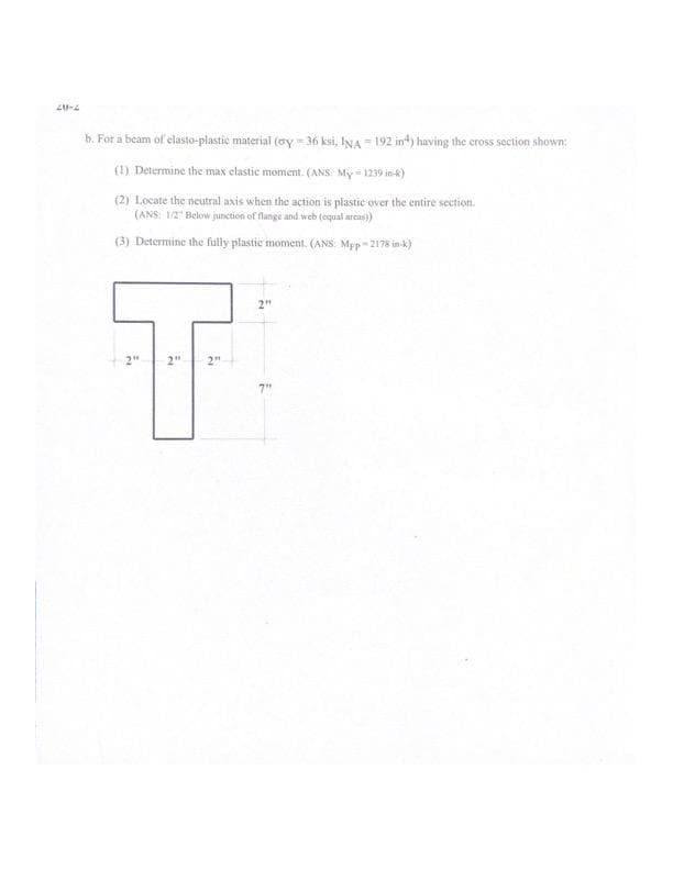 28-4
5. For a beam of clasto-plastic material (oy36 ksi, INA - 192 int) having the cross section shown:
(1) Determine the max clastic moment. (ANS My1239 in-k)
(2) Locate the neutral axis when the action is plastic over the entire section.
(ANS 1/2" Below junction of flange and web (equal areas))
(3) Determine the fully plastic moment. (ANS: Mpp-2178 in-k)
F
2"
2"
2"
7"