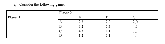 a) Consider the following game:
Player 2
E
Player 1
F
2,3
3,2
2,2
5,3
2,0
| 4,3
3,3
4,4
A
В
4,3
1,2
1,1
0,1
C
D
