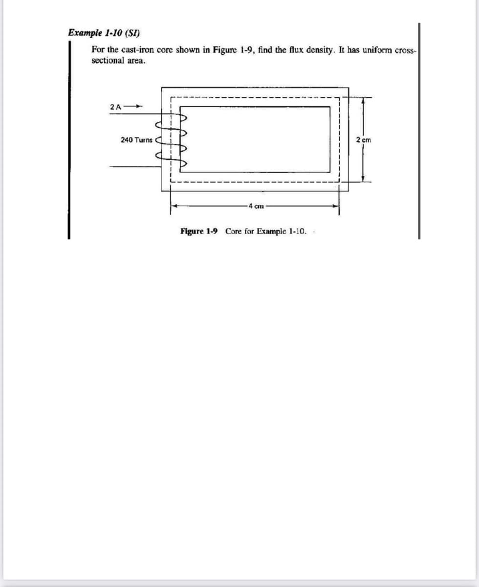 Example 1-10 (SI)
For the cast-iron core shown in Figure 1-9, find the flux density. It has uniform cross-
sectional area.
2A-
240 Turns
-4 cm
Figure 1-9 Core for Example 1-10.
2 cm