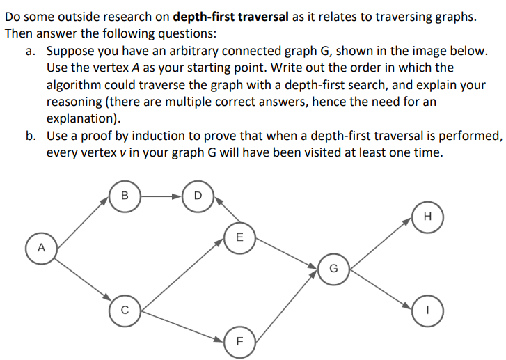 Do some outside research on depth-first traversal as it relates to traversing graphs.
Then answer the following questions:
a. Suppose you have an arbitrary connected graph G, shown in the image below.
Use the vertex A as your starting point. Write out the order in which the
algorithm could traverse the graph with a depth-first search, and explain your
reasoning (there are multiple correct answers, hence the need for an
explanation).
b. Use a proof by induction to prove that when a depth-first traversal is performed,
every vertex v in your graph G will have been visited at least one time.
B
D
H
E
A
G
с
I
FL