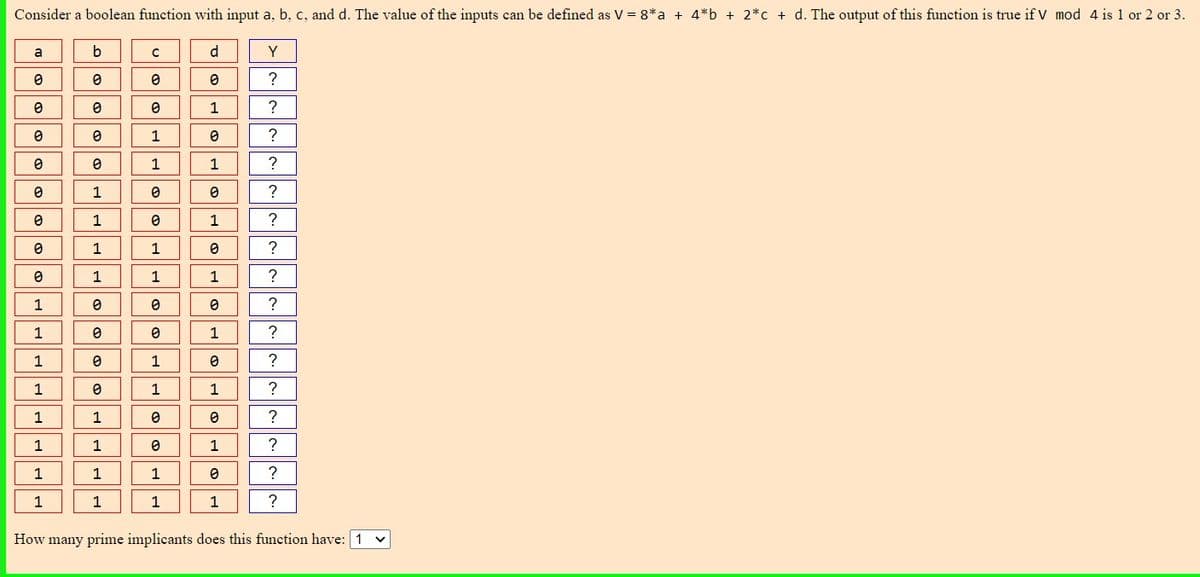 Consider a boolean function with input a, b, c, and d. The value of the inputs can be defined as V = 8*a + 4*b + 2*c + d. The output of this function is true if V mod 4 is 1 or 2 or 3.
a
b
C
d.
Y
1
1
1
1
?
1
1
1
?
1
1
?
1
1
1
?
1
?
1
1
?
1
1
?
1
1
1
?
1
1
?
1
1
1
?
1
1
1
1
1
1
1
How many prime implicants does this function have: 1
