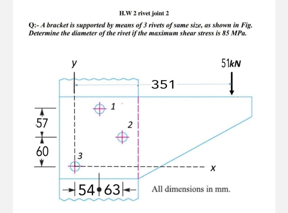 H.W 2 rivet joint 2
Q:- A bracket is supported by means of 3 rivets of same size, as shown in Fig.
Determine the diameter of the rivet if the maximum shear stress is 85 MPa.
15484
57
60
y
3
1
54-63
2
351
X
51kN
All dimensions in mm.