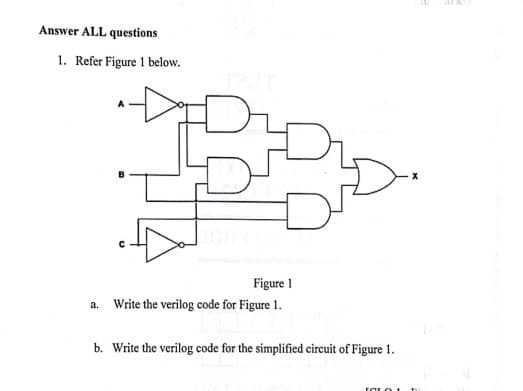 Answer ALL questions
1. Refer Figure 1 below.
Figure 1
a. Write the verilog code for Figure 1.
b. Write the verilog code for the simplified circuit of Figure 1.
SOLO 1