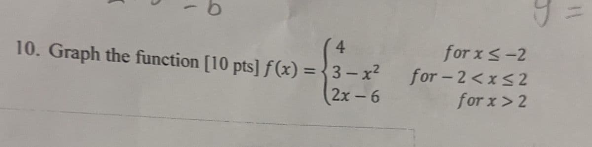 4
10. Graph the function [10 pts] f(x) = {3-x²
2x-6
for x ≤-2
for-2<x<2
for x > 2
y =