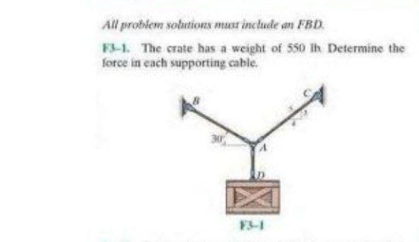 All problem sobutions must include an FBD.
F3-1. The crate has a weight of 550 Ih Determine the
force in each supporting cable.
F-1
