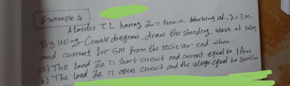 Example 4
A lossles TL having Zo= 400 a borking at. 123m.
By using Crank dragram, draw the standing wave at volta
and current for 5m from the reciever end when.
a) The Load ZR is short circuit and current equal to 1 Arms
b) The load ZR is open circuit and the voltage equal to 400 Vin