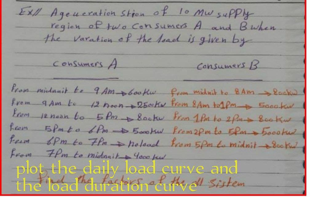 EX// Ageneration Stion of 10 MW supply
region of two consumers A and B when
the Varation of the load is given by
Consumers A
Consumers B
from midnuit to 9 Am 600 ku
from 9 Am to
from
5Pm
from midnit to 8Am Backu
12 hoon 2500kw from & Am to 1pm + 50ookw
12 nean to 56 Books from 1pm to 2 Pm-> Bookw
5pm to 6pm - 5oookw from 2pm to 5pm 5000tur
6pm to 7pm + hoload from 5Pm to midnit 800kw
from 7Pm to midnait 4000 fut
frem
from
plot the daily load curve and
the load duration cutive Sistem
→