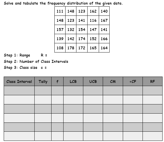 Solve and tabulate the frequency distribution of the given data.
111 148 123 162 140
148 123 141 116 167
157 132 154 147 141
139 142 174 152 166
108 178 172 165 164
R =
Step 1: Range
Step 2: Number of Class Intervals
Step 3: Class size c =
Class Interval Tally
f
LCB
UCB
CM
<CF
RF
