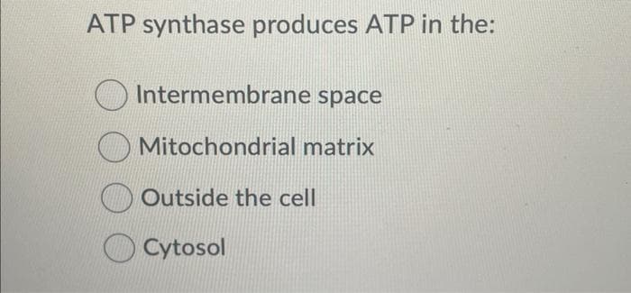 ATP synthase produces ATP in the:
Intermembrane space
Mitochondrial matrix
Outside the cell
Cytosol