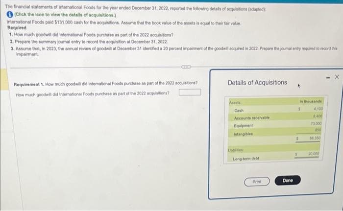 The financial statements of International Foods for the year ended December 31, 2022, reported the following details of acquisitions (adapted)
(Click the icon to view the details of acquisitions.)
International Foods paid $131,000 cash for the acquisitions. Assume that the book value of the assets is equal to their fair value
Required
1. How much goodwill did International Foods purchase as part of the 2022 acquisitions?
2. Prepare the summary journal entry to record the acquisition at December 31, 2022.
3. Assume that, in 2023, the annual review of goodwill at December 31 identified a 20 percent impairment of the goodwill acquired in 2022. Prepare the journal entry required to record this
impairment
Requirement 1. How much goodwill did International Foods purchase as part of the 2022 acquisitions?
How much goodwill did International Foods purchase as part of the 2022 acquisitions?
Details of Acquisitions
Assets
Cash
Accounts receivable
Equipment
Intangibles
Liabiles
Long-term debl
Print.
Done
In thousands
$
4,100
4,400
73,000
850
86,350
20,000