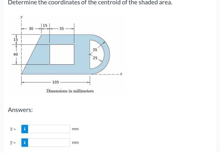 Determine the coordinates of the centroid of the shaded area.
15
40
Answers:
y=
30
Mi
15
35
mm
35
105
Dimensions in millimeters
mm
25
-x