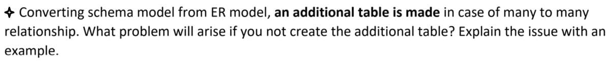 + Converting schema model from ER model, an additional table is made in case of many to many
relationship. What problem will arise if you not create the additional table? Explain the issue with an
example.
