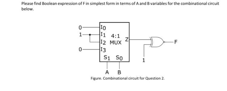 Please find Boolean expression of F in simplest form in terms of A and B variables for the combinational circuit
below.
10
11 4:1
12 MUX
13
S1 So
1-
F
A B
Figure. Combinational circuit for Question 2.
