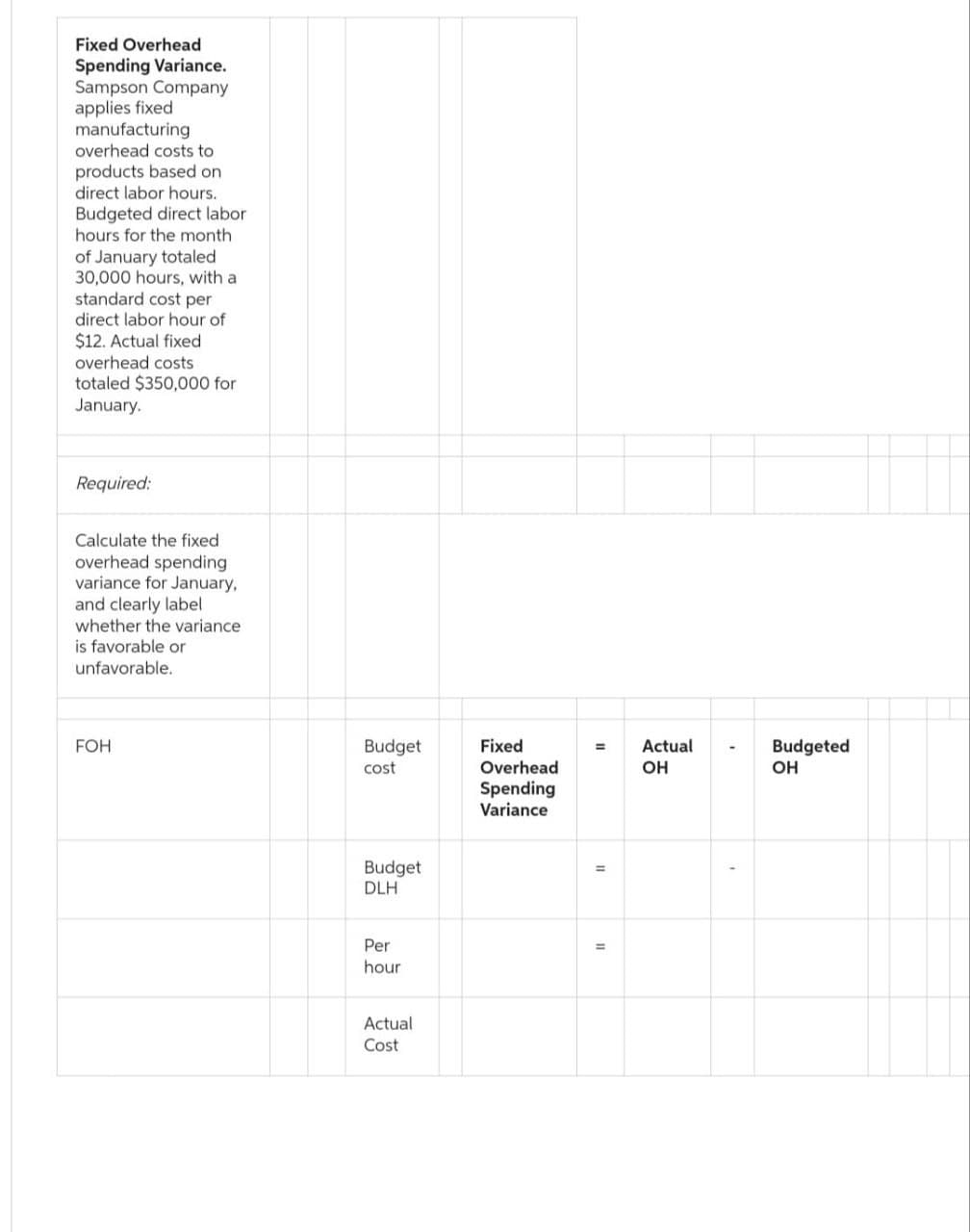 Fixed Overhead
Spending Variance.
Sampson Company
applies fixed
manufacturing
overhead costs to
products based on
direct labor hours.
Budgeted direct labor
hours for the month
of January totaled
30,000 hours, with a
standard cost per
direct labor hour of
$12. Actual fixed
overhead costs
totaled $350,000 for
January.
Required:
Calculate the fixed
overhead spending
variance for January,
and clearly label
whether the variance
is favorable or
unfavorable.
FOH
Budget
cost
Budget
DLH
Per
hour
Actual
Cost
Fixed
Overhead
Spending
Variance
=
||
11
Actual
OH
Budgeted
OH
I