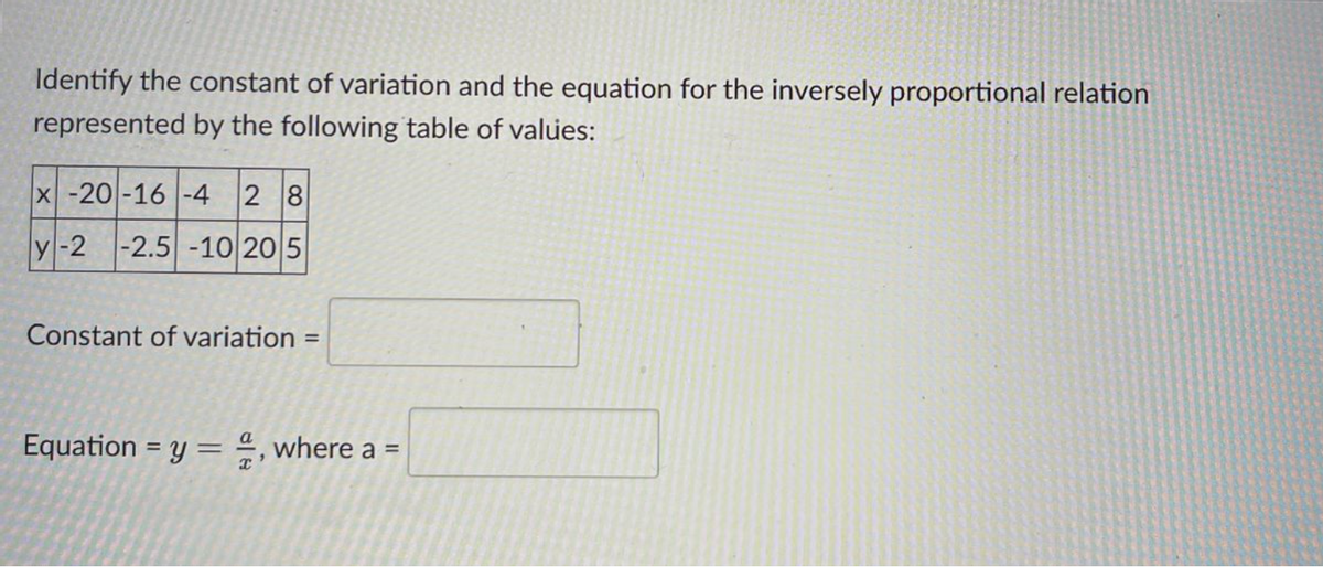 Identify the constant of variation and the equation for the inversely proportional relation
represented by the following table of values:
x -20 -16 -4 28
y-2 -2.5 -10 20 5
Constant of variation
=
Equation = y =, where a =