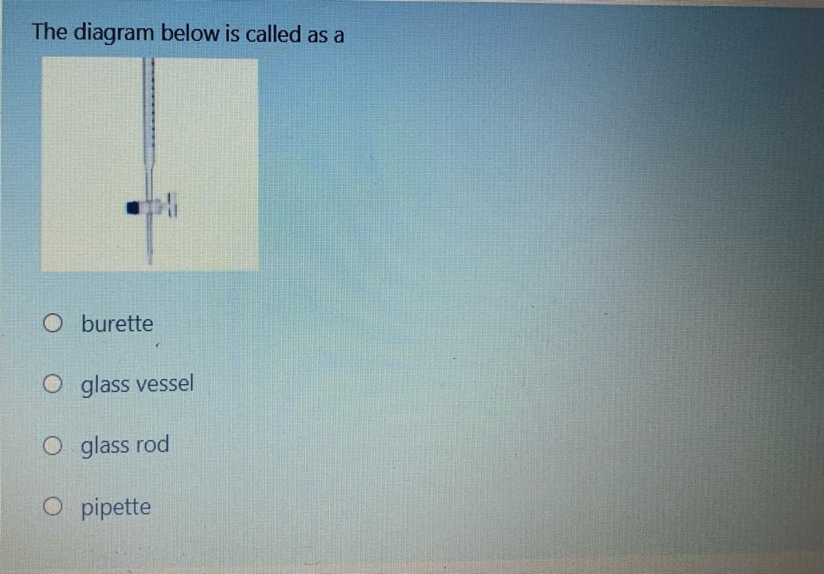 The diagram below is called as a
O burette
O glass vessel
O glass rod
O pipette
