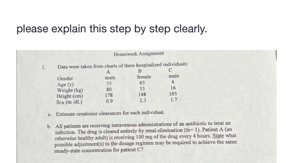 please explain this step by step clearly.
Homework Assignment
1. Data were taken from charts of three hospitalized individuals:
A
male
Gender
Age (y)
55
Weight (kg)
80
Height (cm)
178
SCR (m/dL)
0.9
a.
Estimate creatinine clearances for each individual.
b. All patients are receiving intravenous administrations of an antibiotic to treat an
infection. The drug is cleared entirely by renal elimination (fe= 1). Patient A (an
otherwise healthy adult) is receiving 100 mg of the drug every 4 hours. State what
possible adjustment(s) to the dosage regimen may be required to achieve the same
steady-state concentration for patient C?
B
female
65
55
148
2.3
C
male
4
16
105
1.7