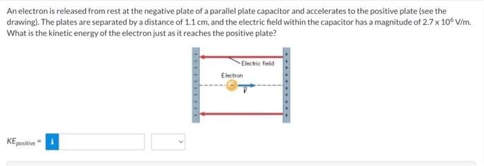 An electron is released from rest at the negative plate of a parallel plate capacitor and accelerates to the positive plate (see the
drawing). The plates are separated by a distance of 1.1 cm, and the electric field within the capacitor has a magnitude of 2.7 x 10 V/m.
What is the kinetic energy of the electron just as it reaches the positive plate?
Electric field
Electron
KEpositive =
+ ++++ ...++
