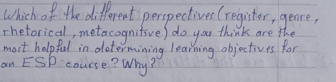 Which of the different perspectives
rhetorical, metacognitive ) do
(register, genre,
are the
you
most helpful in determining learning objectives for
an ESP course? Why? 19 91 90