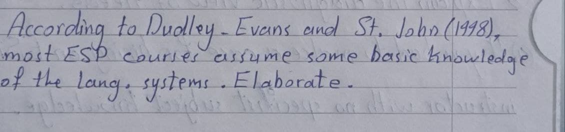 According to Dudley Evans and St. John (1998),
most ESP courses assume some basic knowledge
of the lang. systems. Elaborate.
sphaten
plastucial toyous troos on